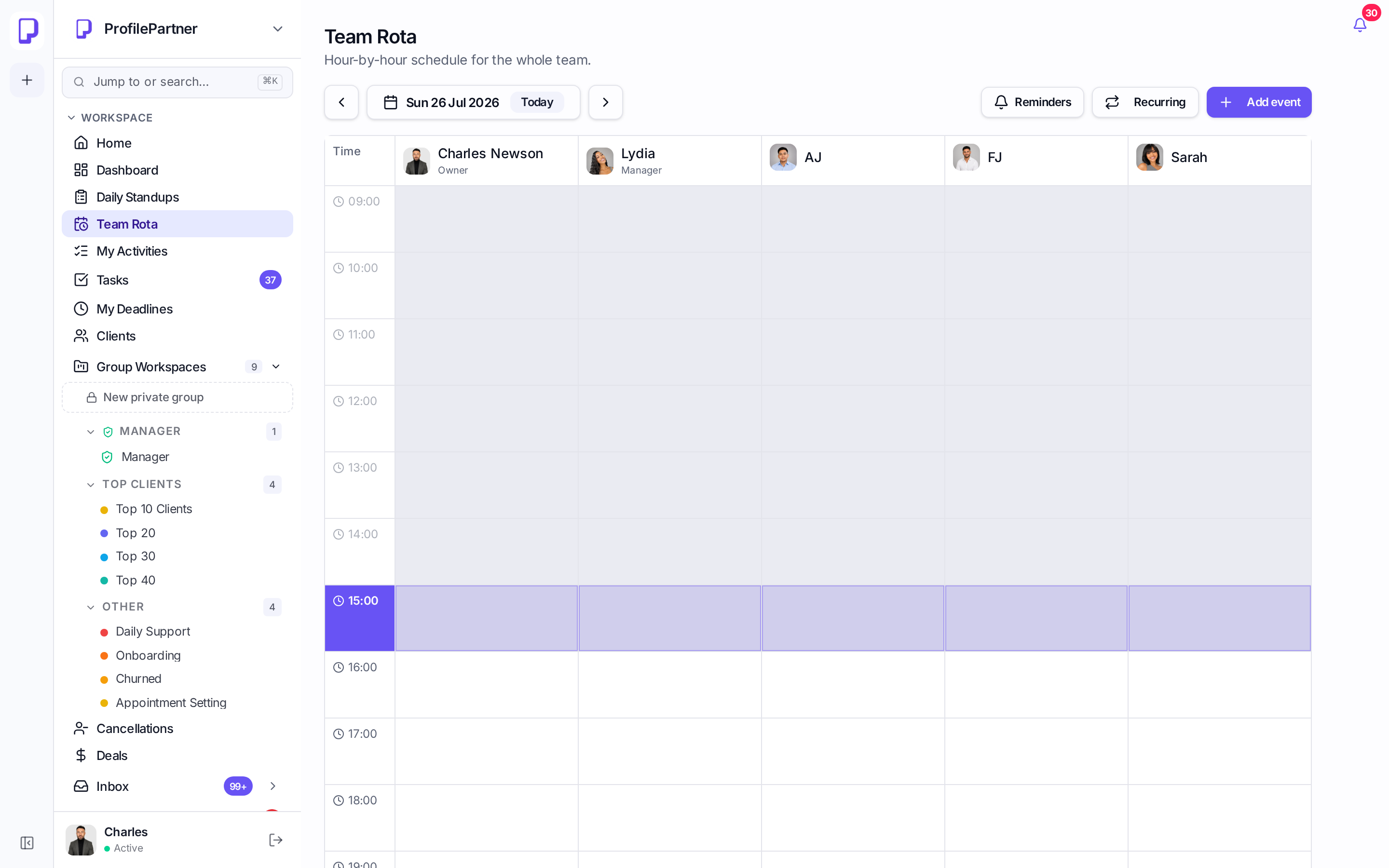 Capacity, calls and deadlines on one grid — ProfilePartner HQ screenshot