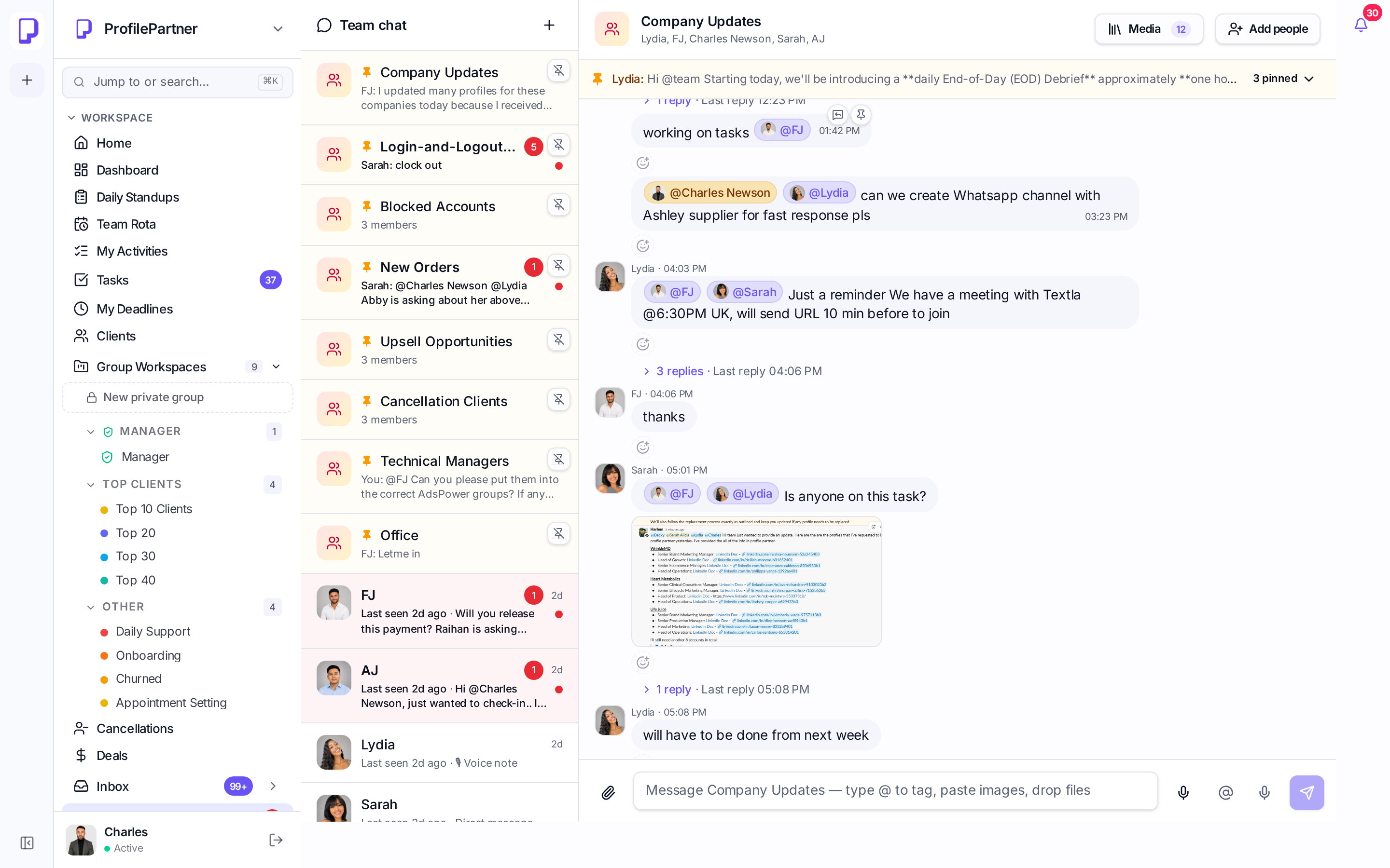 Shared inbox and team chat in the same place as the work — ProfilePartner HQ screenshot