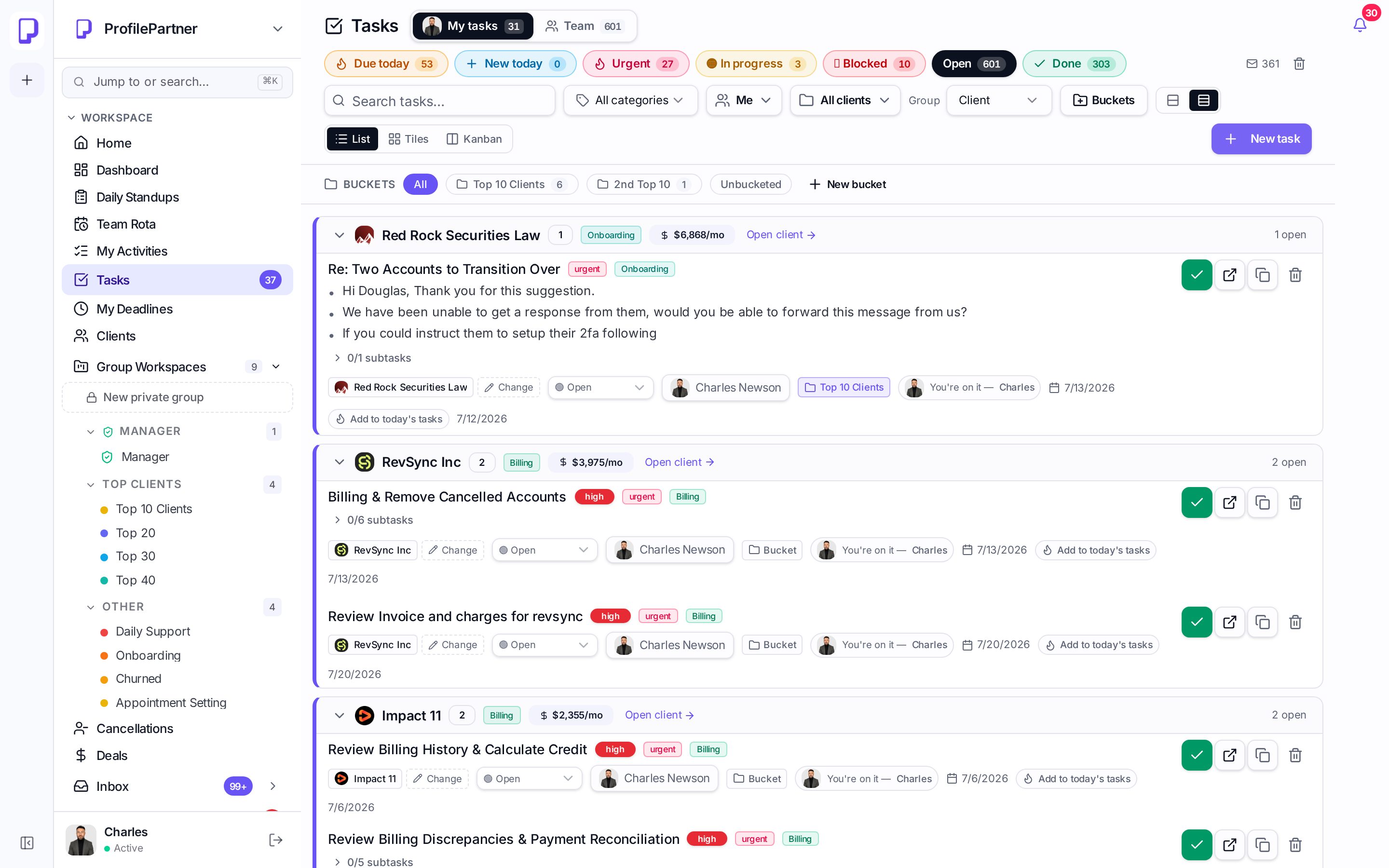 ProfilePartner HQ task board grouped by client with urgency filters, deadlines and assignees